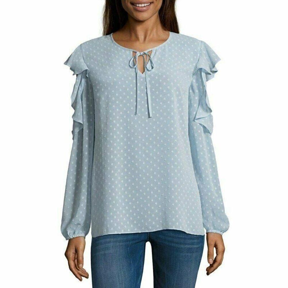 LIBBY EDELMAN Cold Shoulder Swiss Dot Ruffle Blue Shirt sz XS